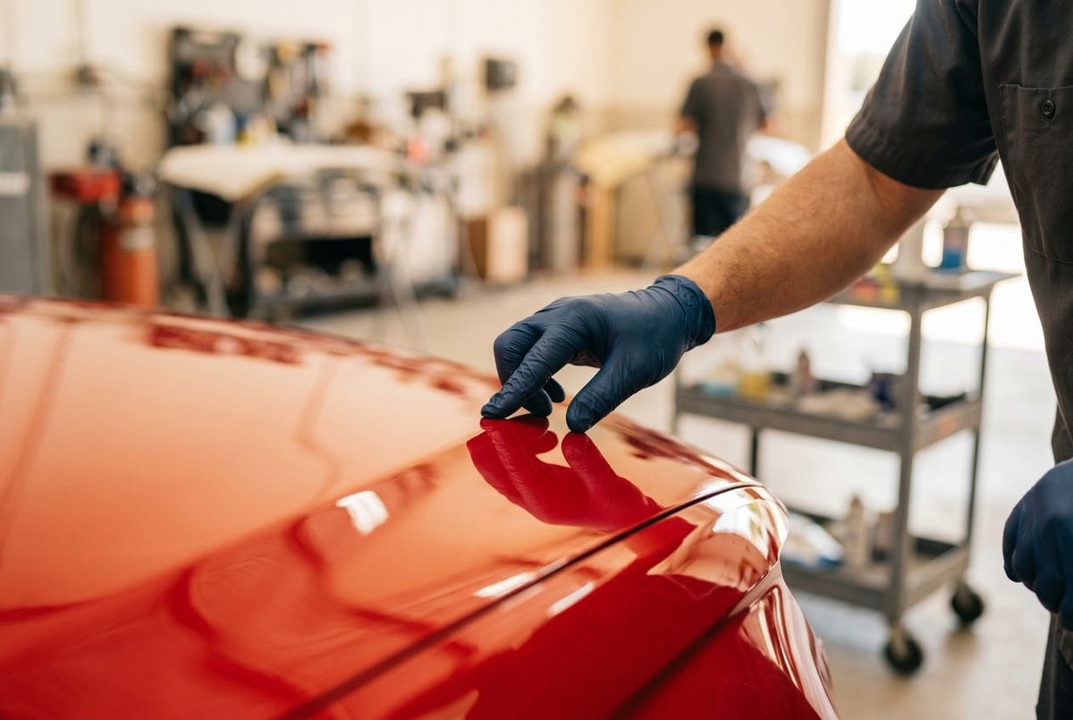 Técnico de Alianza Car revisando la pintura de un vehículo entregado